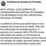 Nota Oficial da Prefeitura de Santana de Parnaíba: caso suspeito de Coronavirus