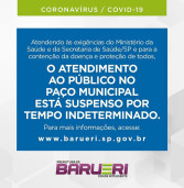 Prefeitura de Barueri informa: atendimento no Paço Municipal suspenso